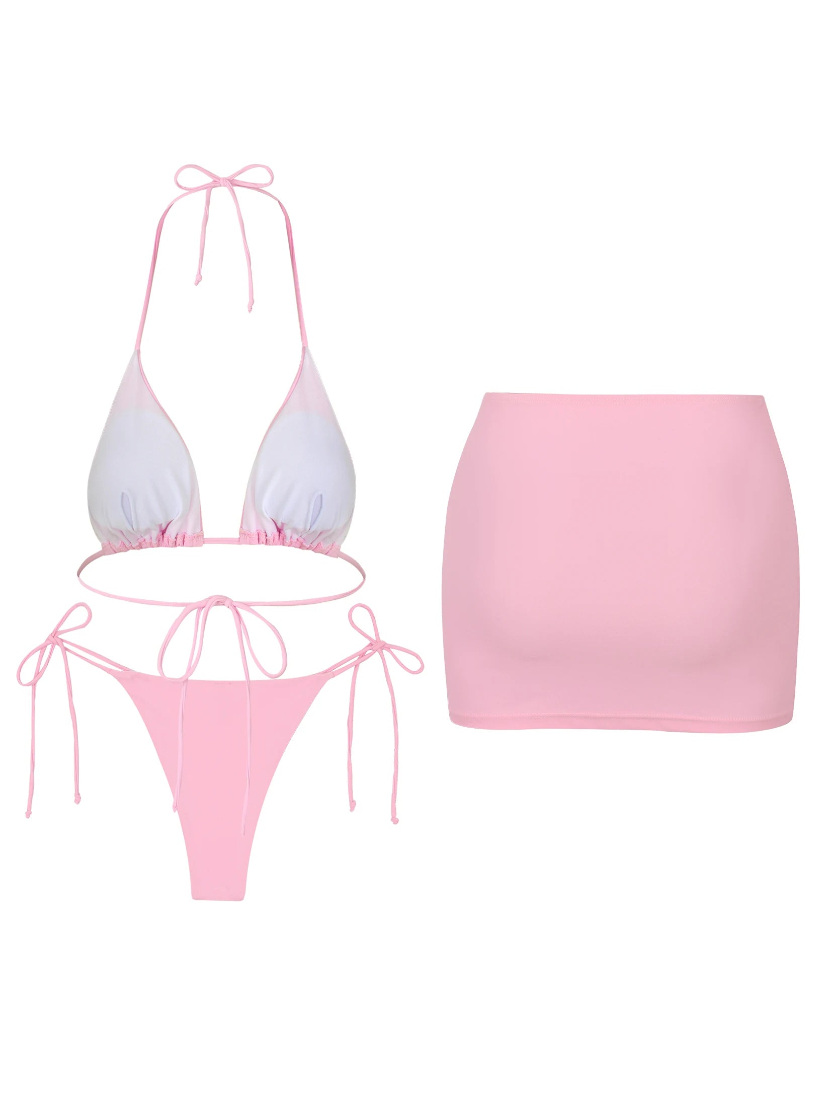 Sexy Women's 3 Piece Bikini Skirt Set Elegant Pink Halter Triangle Bikini Top Side Tie Mini Skirt 2026 Beachwear Swimsuit K302