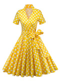 Tonval-Women's Retro Polka Dot Dress, Yellow Dress, Short Sleeve, V Neck, Belted, A Line, Summer Party, 50s Vintage Dresses