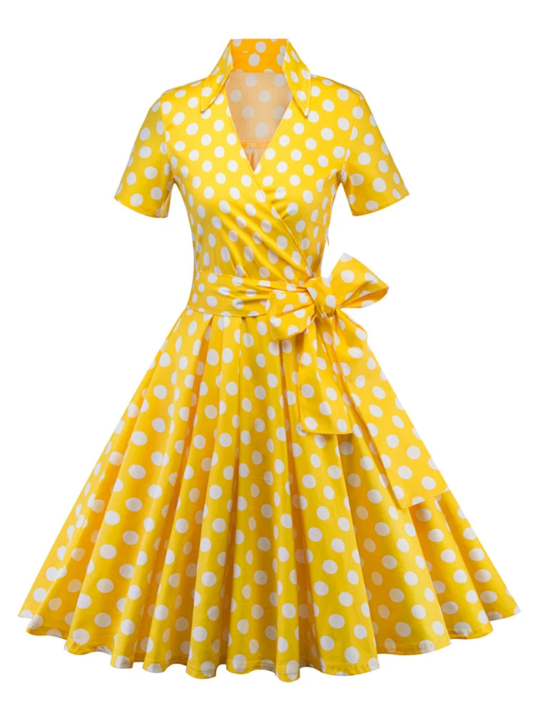 Tonval-Women's Retro Polka Dot Dress, Yellow Dress, Short Sleeve, V Neck, Belted, A Line, Summer Party, 50s Vintage Dresses