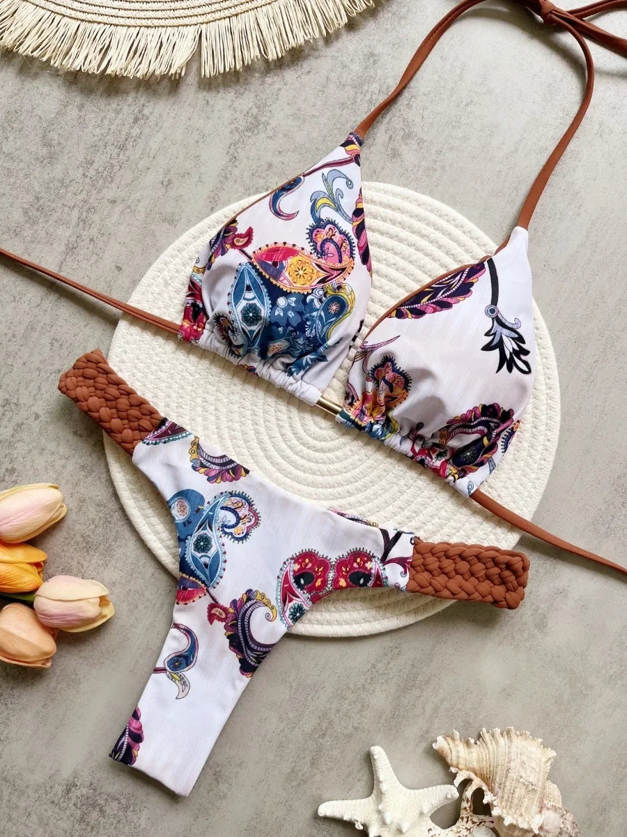 2026 New Weaving Bikini Set Women's print 2 Piece Swimsuit women sexy suspender Backless Beach Vacation Bathing Suit swimwear