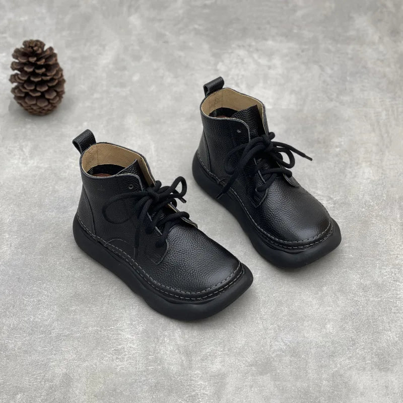 Johnature Retro Genuine Leather Short Boots 2026 Autumn/winter New Wide Toe Lace Up Cowhide Soft Sole Women's Boots
