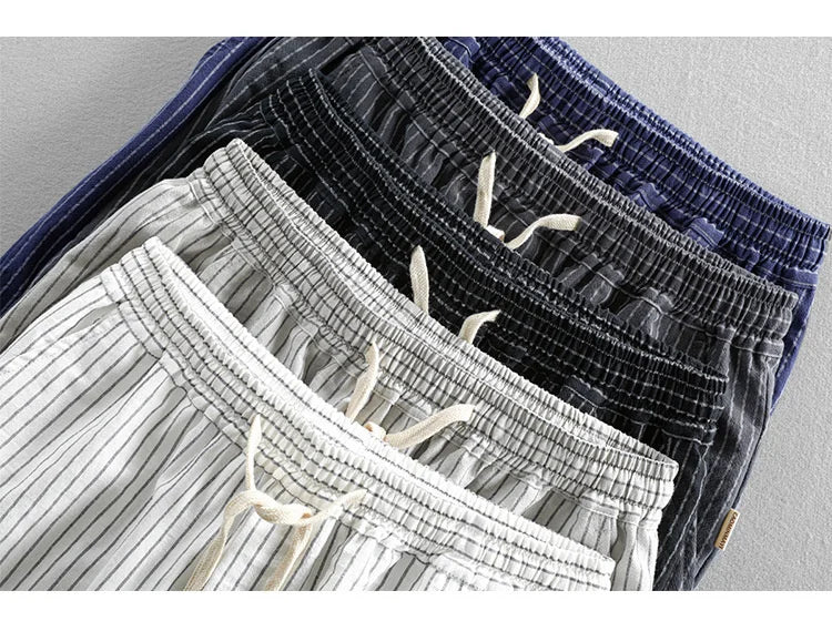 Summer Cotton Beach Shorts Pants For Men Casual Breathable Comfortable Striped Loose Drawstring Cropped Youth Man Shorts Pants
