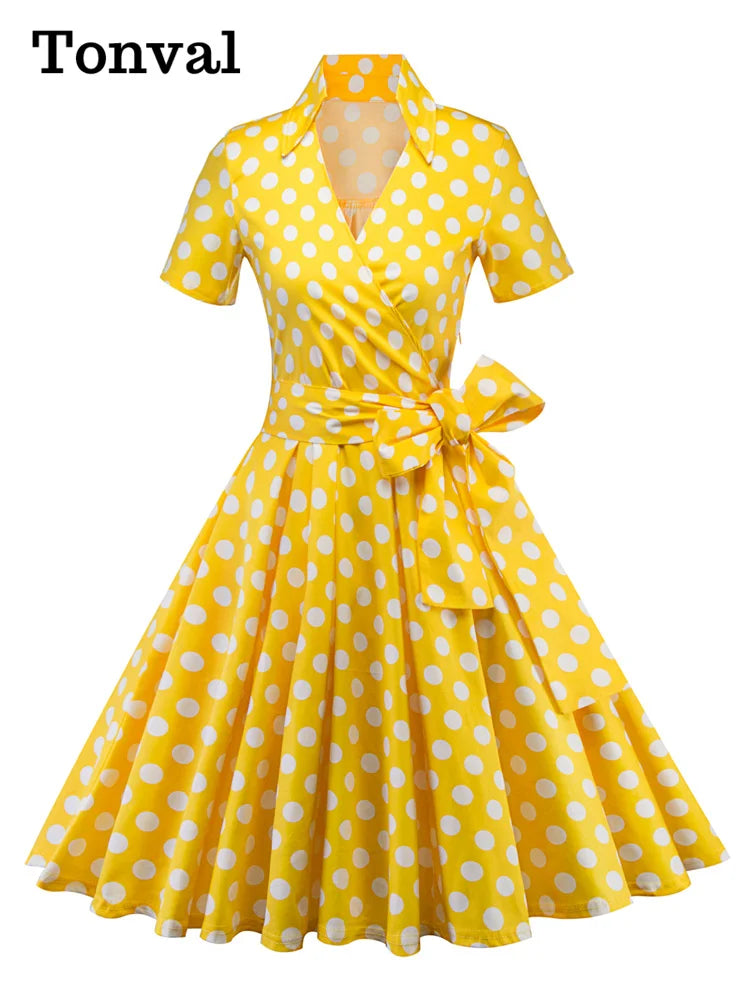 Tonval-Women's Retro Polka Dot Dress, Yellow Dress, Short Sleeve, V Neck, Belted, A Line, Summer Party, 50s Vintage Dresses