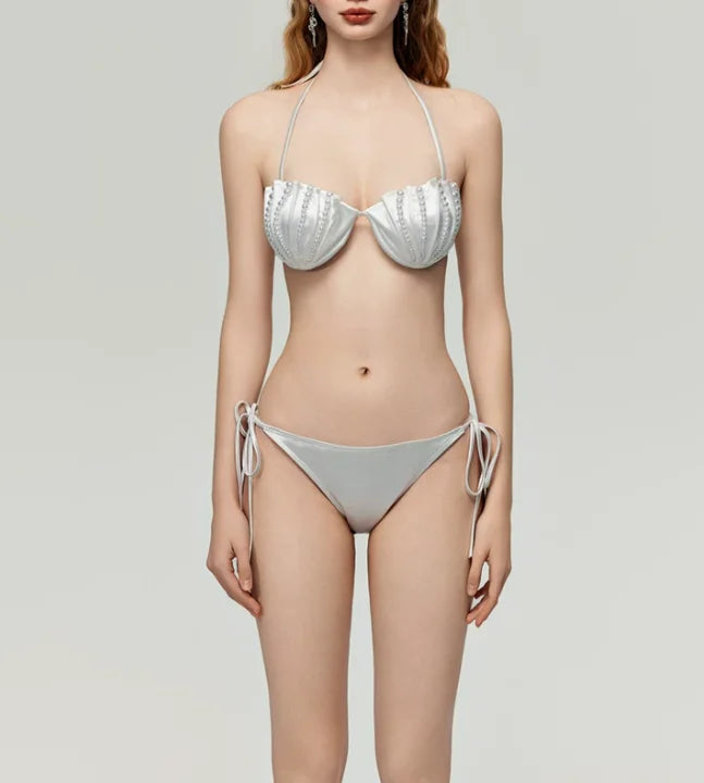 High-Grade Pearl White Bikini Women's Small Chest Push up Swimsuit Seaside Vacation