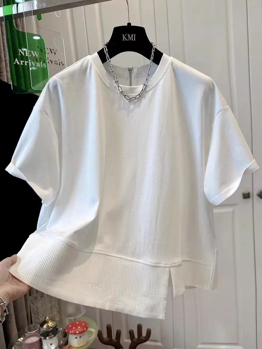 Summer New Loose Unique round Ne f Sve T-irt Women's ort Sve Patchwork Top Comfortable Breathable Retro Sle