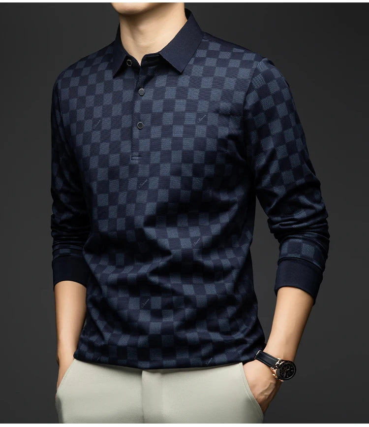 BROWON Polo Shirts for Man Autumn Business Slim Fit Long Sleeve T Shirt Men 2026 New Casual Loose Pullover Plaid Men Tops & Tees