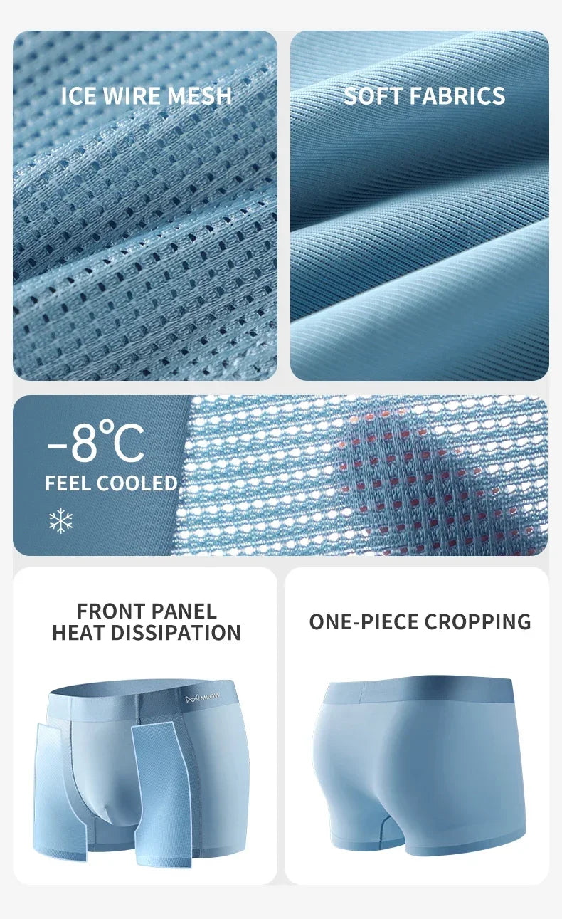 MiiOW 3Pcs Summer Ice Silk Men Boxer Underwear Seamless Mesh Breathable Men's Panties Cotton Crotch Man Underpants Man Boxers