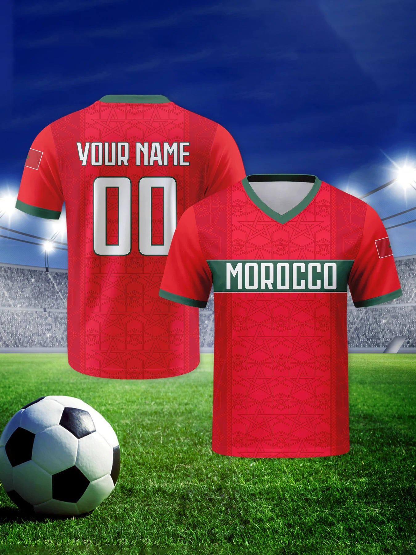 Custom Morocco Football Jersey Personalized with Name Number V-neck Soccer National Team Shirt for Men Youth Women