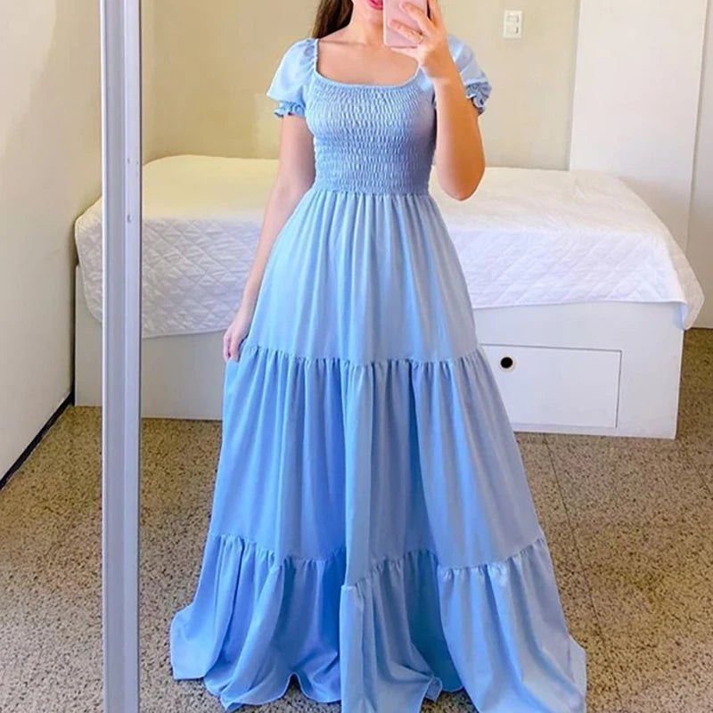 A Line Pleated Blue Princess Long Dresses Women Puff Sleeve High Waist Square Neck Maxi Dress Summer Solid Ruffles Party Dresses