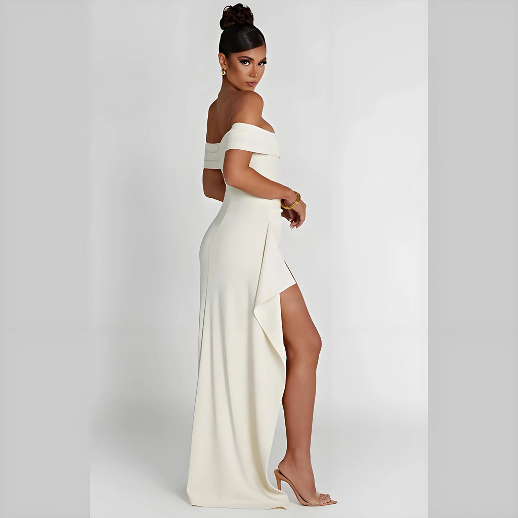 Elegant Evening Dress, Solid Color, Off-Shoulder, Women's Sexy High-Waisted Side-Slit Long Dress, Formal Maxi Ladies' Party Evening Dress