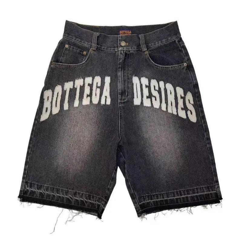 Deeptown Y2k Vintage Harajuku Denim Shorts Women Washed Letter Embroidery Tassels American Retro Jeans Man Baggy Hip Hop Jorts