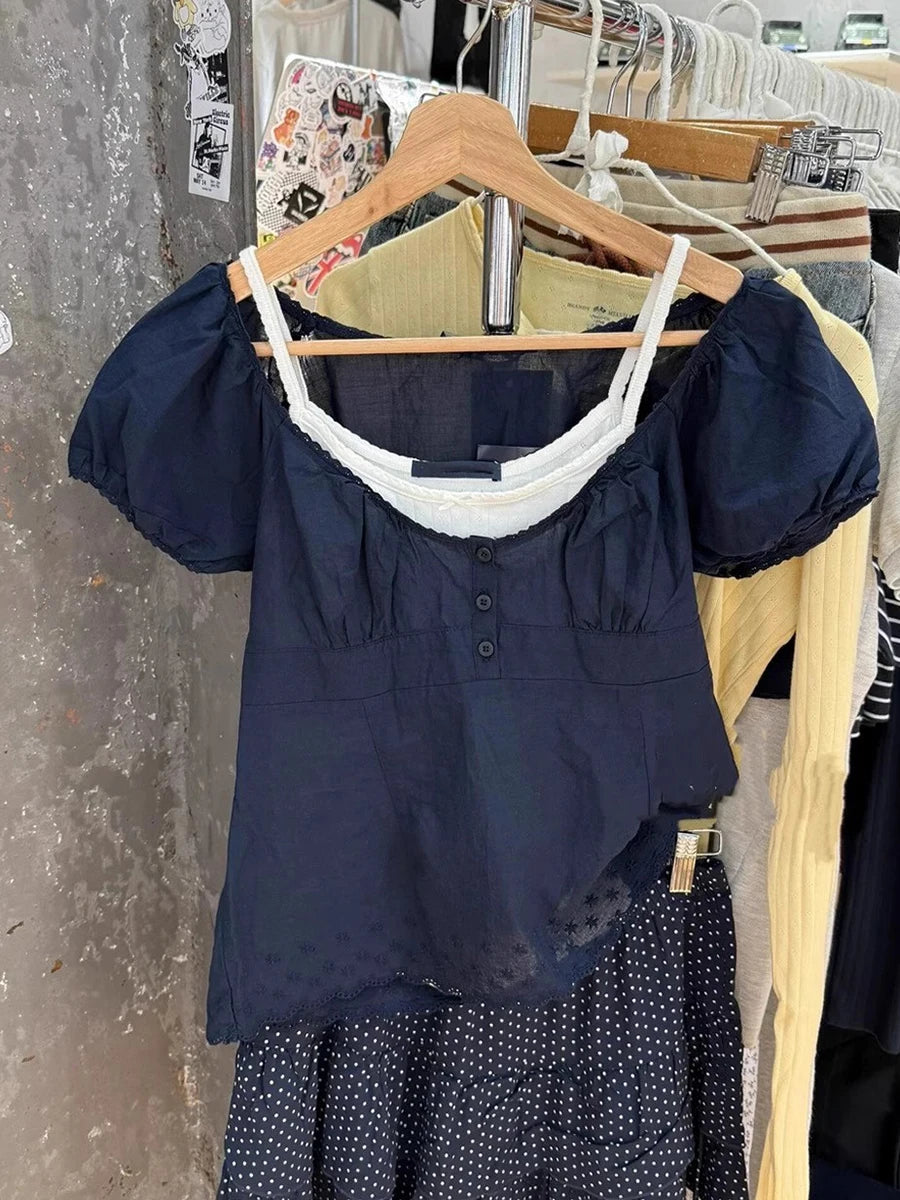 Lace Trim Embroidery Navy T-shirt Women Three Buttons Folds Square Collar Puff Sleeve T-shirt Summer Sweet Casual Vintage Blouse