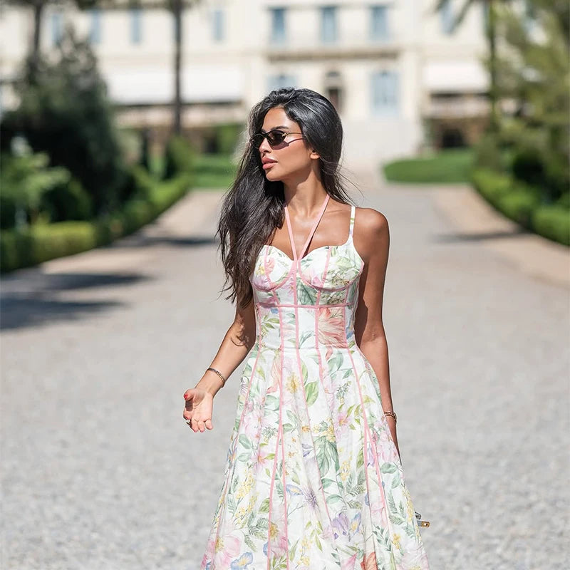 Elegant Printed Women's Dress Sleeveless Halter Waist-Closed A-Line Lady Dresses 2026 Spring Summer Female Robe New