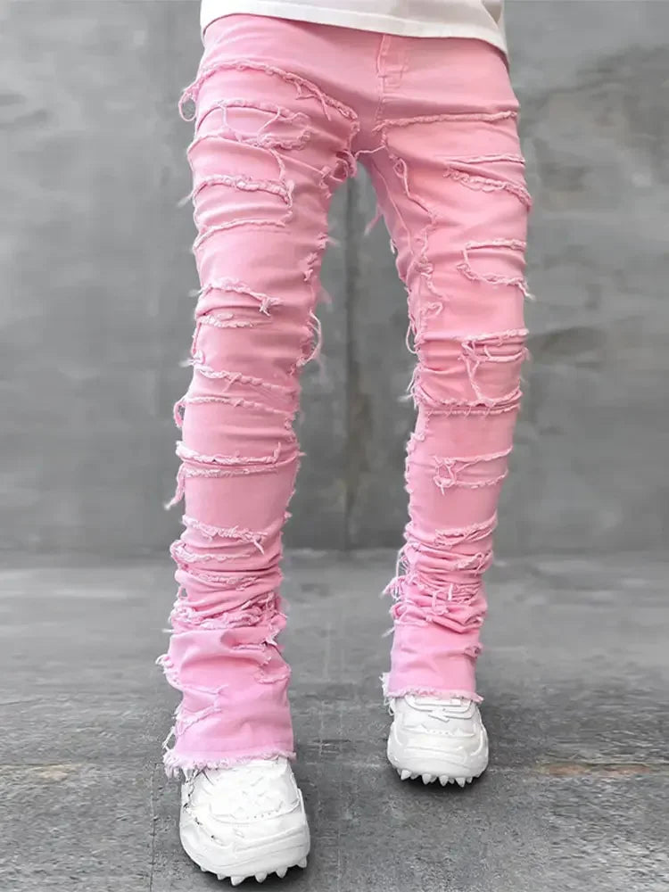 Men Jeans Ripped Vintage Tassel Wash Old Slim Stacked Patch Hip Hop Pencil Denim Man Pants 2026 Streetwear Male Long Trousers