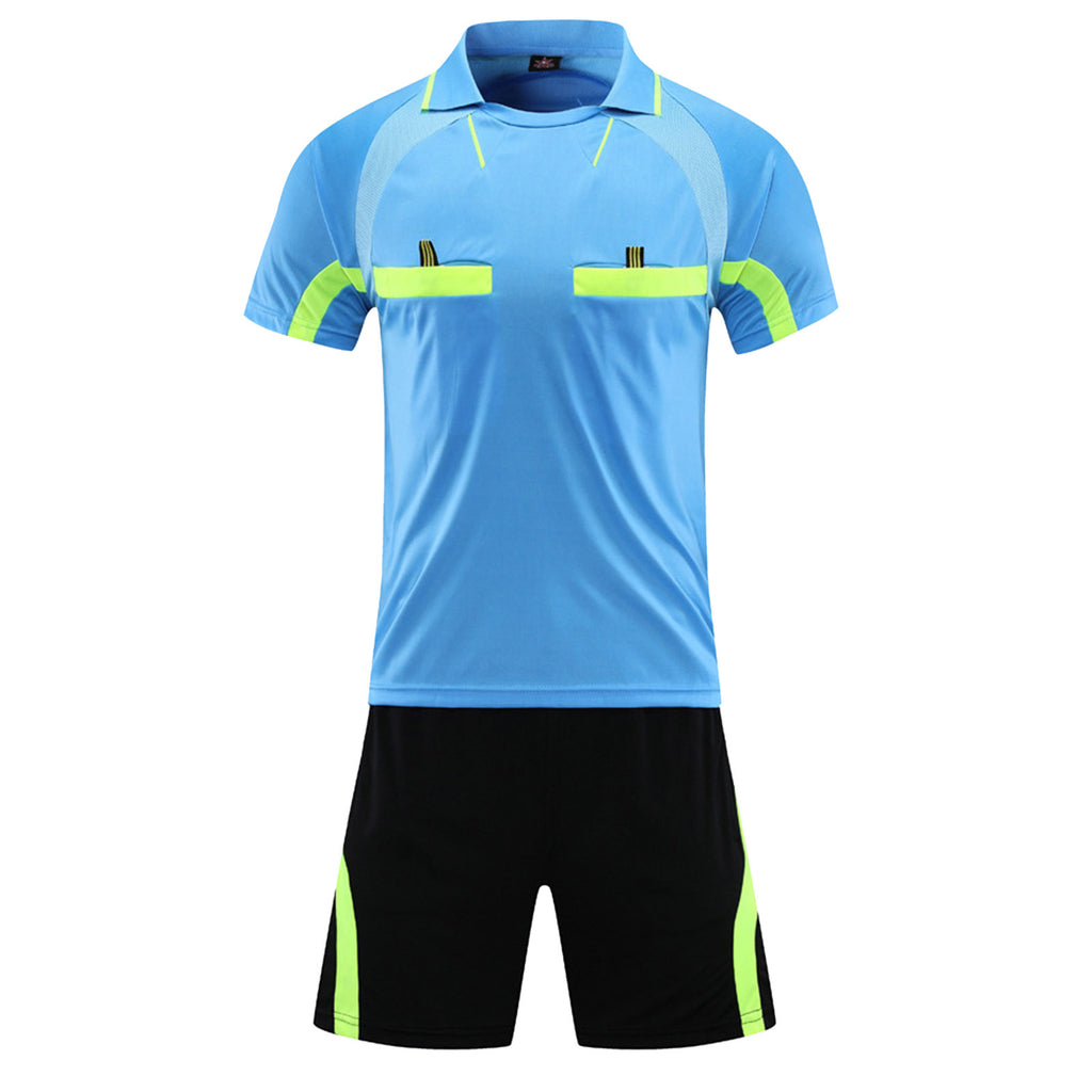 Mens Soccer Jersey Referee Outfit Football Match Uniform Tracksuit Turn-Down Collar Short Sleeve Pockets T-shirt with Shorts