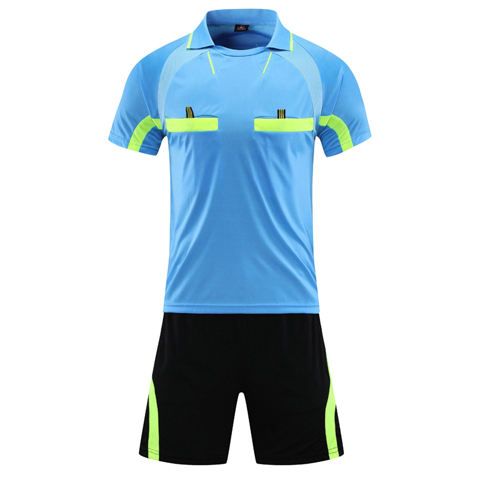 Mens Soccer Jersey Referee Outfit Football Match Uniform Tracksuit Turn-Down Collar Short Sleeve Pockets T-shirt with Shorts