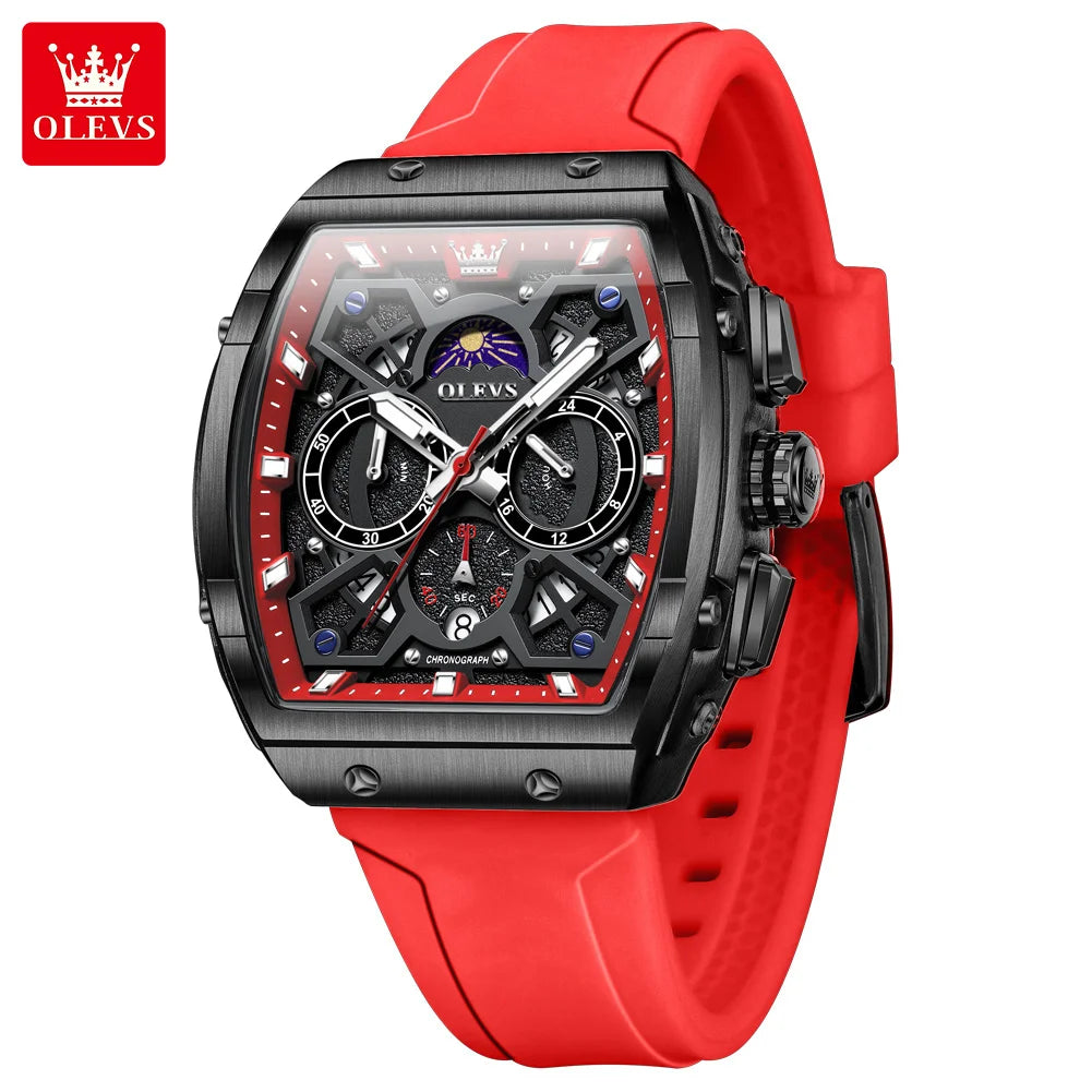 OLEVS 2942 Man Watch Silicone Strap Tonneau Design Dial Multifunction Quartz Watch for Men Moon Phase Calendar Chronograph Watch