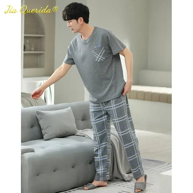 SUKAE Mens Plus Size L-5XL Homewear Summer Cotton Short Sleeve Full Pants Pajamas Set for Man Leisure Sleepwear Trendy Nightwear