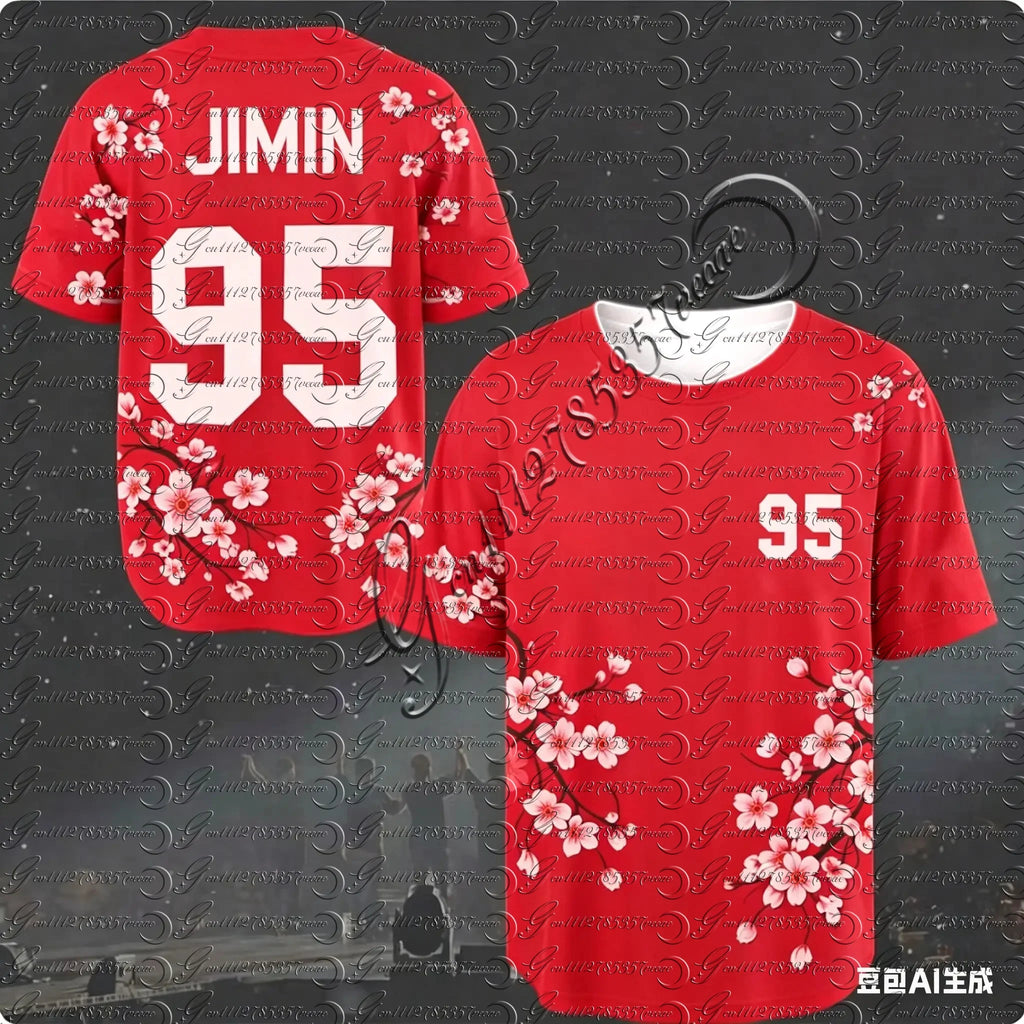 J-HOPE 94 Cherry Blossom Baseball Jersey, Floral Print Short Sleeve Shirt, Kpop Fans Casual Streetwear Tops for Kids&Youth
