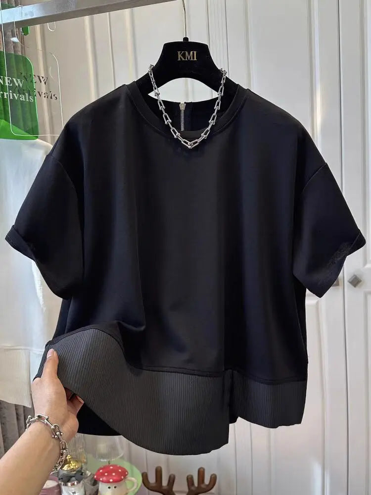 Summer New Loose Unique round Ne f Sve T-irt Women's ort Sve Patchwork Top Comfortable Breathable Retro Sle