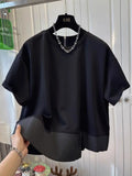 Summer New Loose Unique round Ne f Sve T-irt Women's ort Sve Patchwork Top Comfortable Breathable Retro Sle