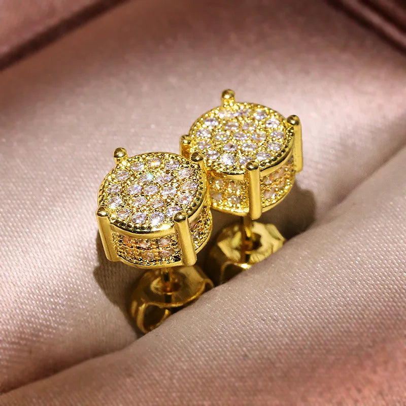 925 Sterling Silver New Bling Gold Silver Round Hip Hop Stud Earrings with Zircon Stone for Women Man Fashion Jewelry
