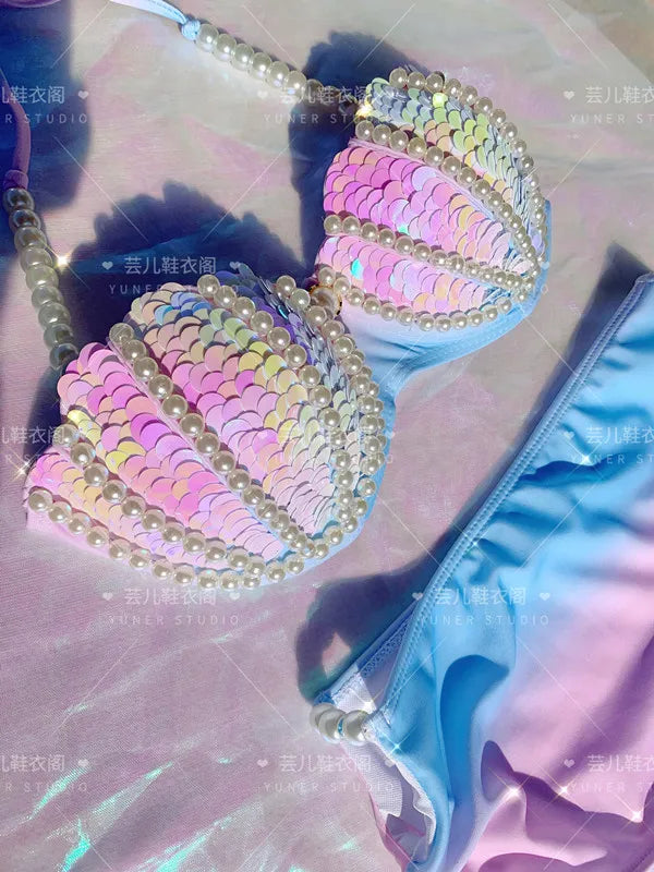RM Mermaid Sequin Corset Bikini Swimsuit Free Diving Performance Oceanarium Electro Festival Bra Bar Cos Costumes