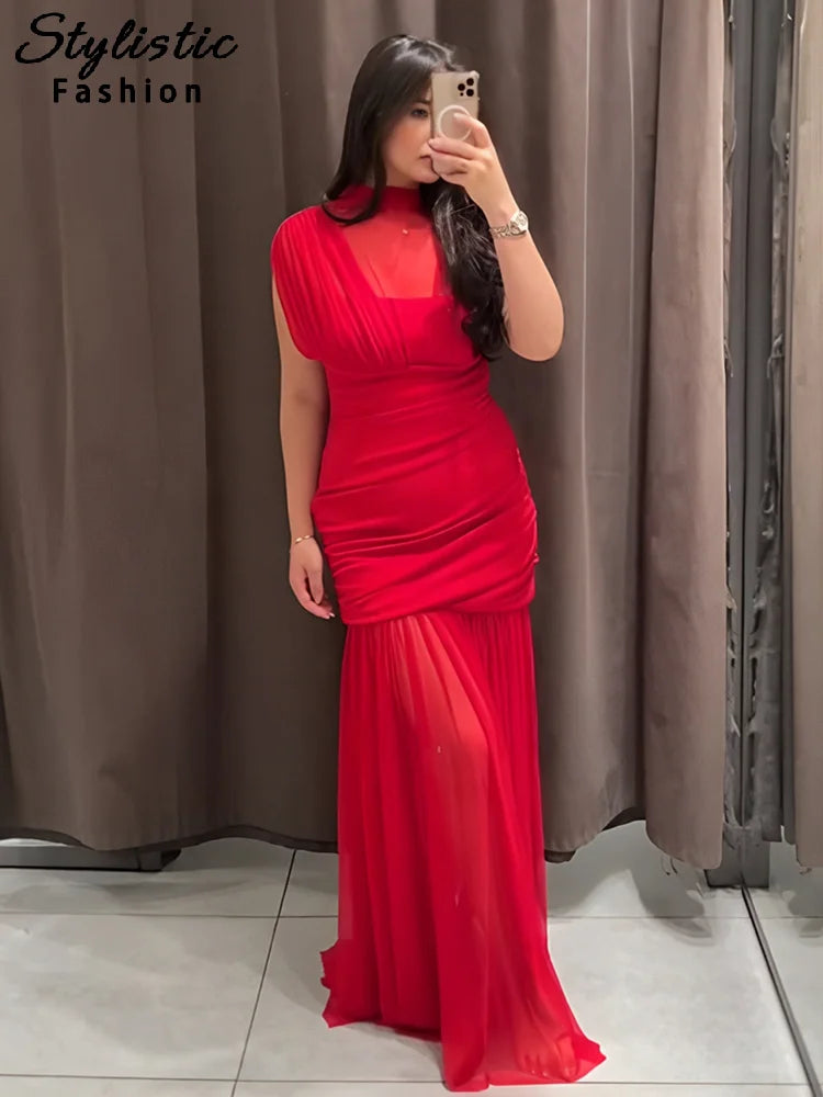 Sexy Red Pleated Mesh Long Dress Red See Through Patchwork Sleeveless A-line Party Dresses Female 2025 Summer Slim Robes Lady
