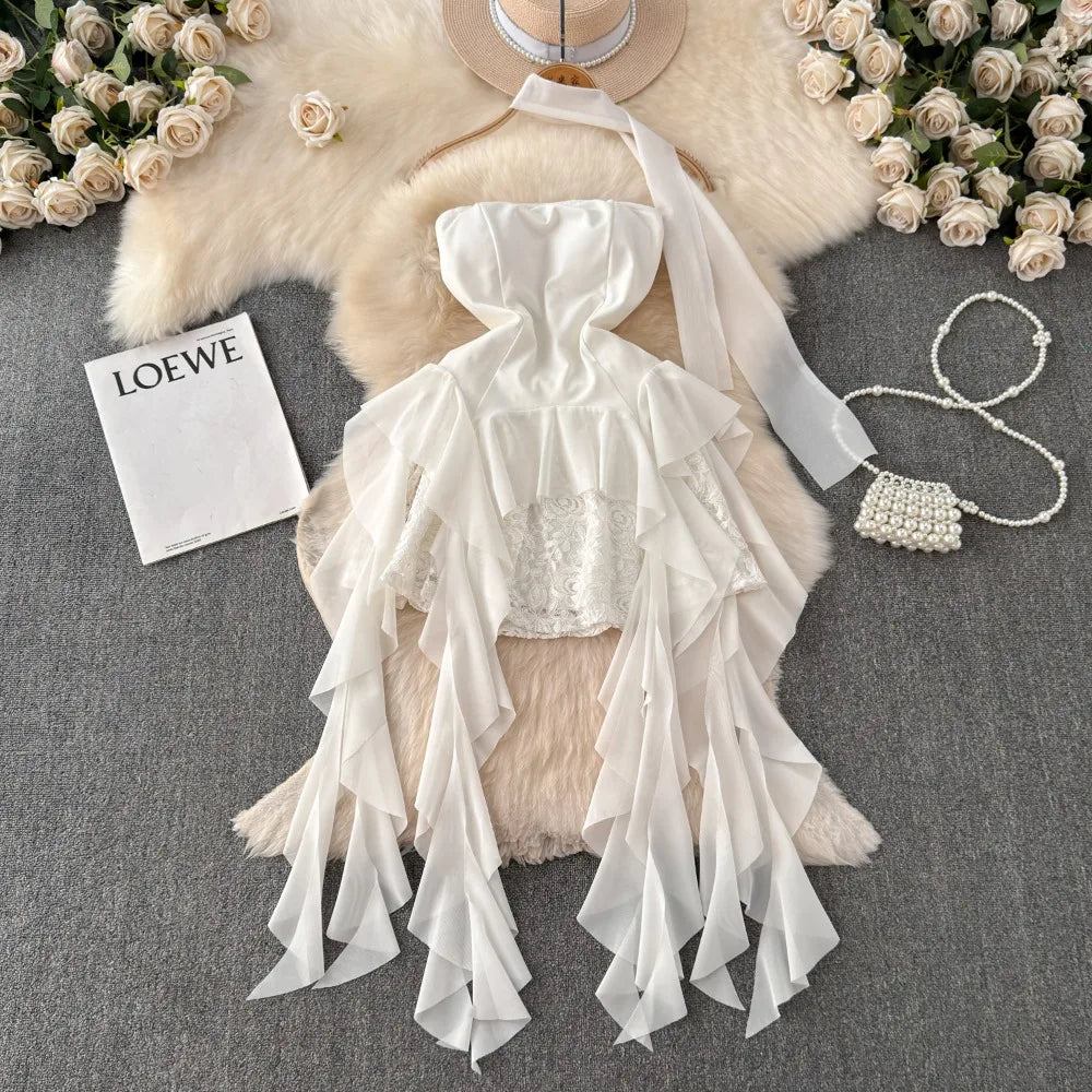 Foamlina French Style White Strapless Dress Women Summer Lace Irregular Flanged Ribbon Design Girl's Holiday Shopping Dresses