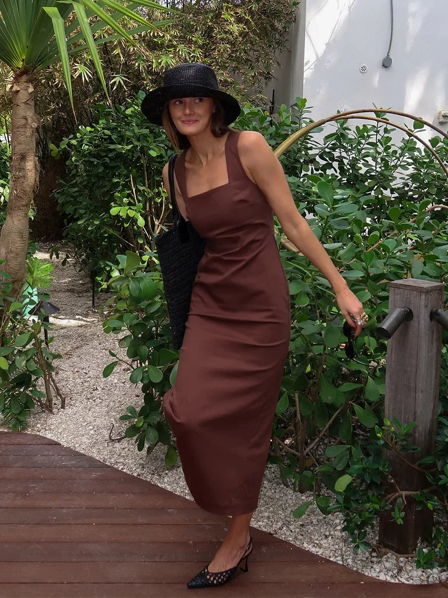 Wolfeel Cotton Linen Square Neck Suspender Dress Women's Solid Color Fashion Slim Fit Long Dress Summer New Women's Clothing