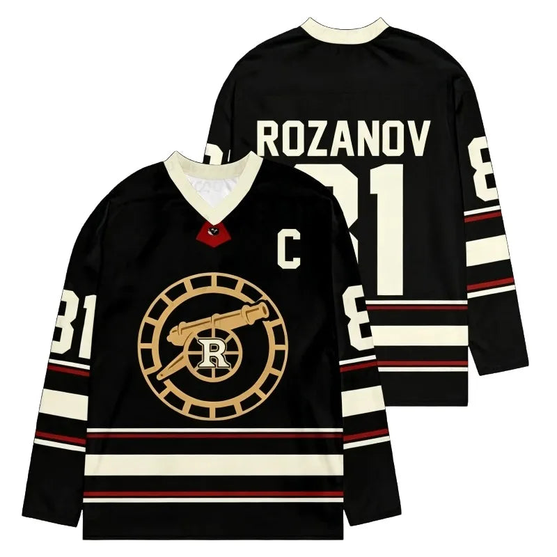 Men's Rozanov 81 Ice Hockey Jersey Breathable Long Sleeve Black Gold Cannon Logo Hockey Shirt Captain C Sports Uniform for Fans