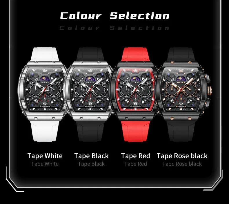 OLEVS 2942 Man Watch Silicone Strap Tonneau Design Dial Multifunction Quartz Watch for Men Moon Phase Calendar Chronograph Watch