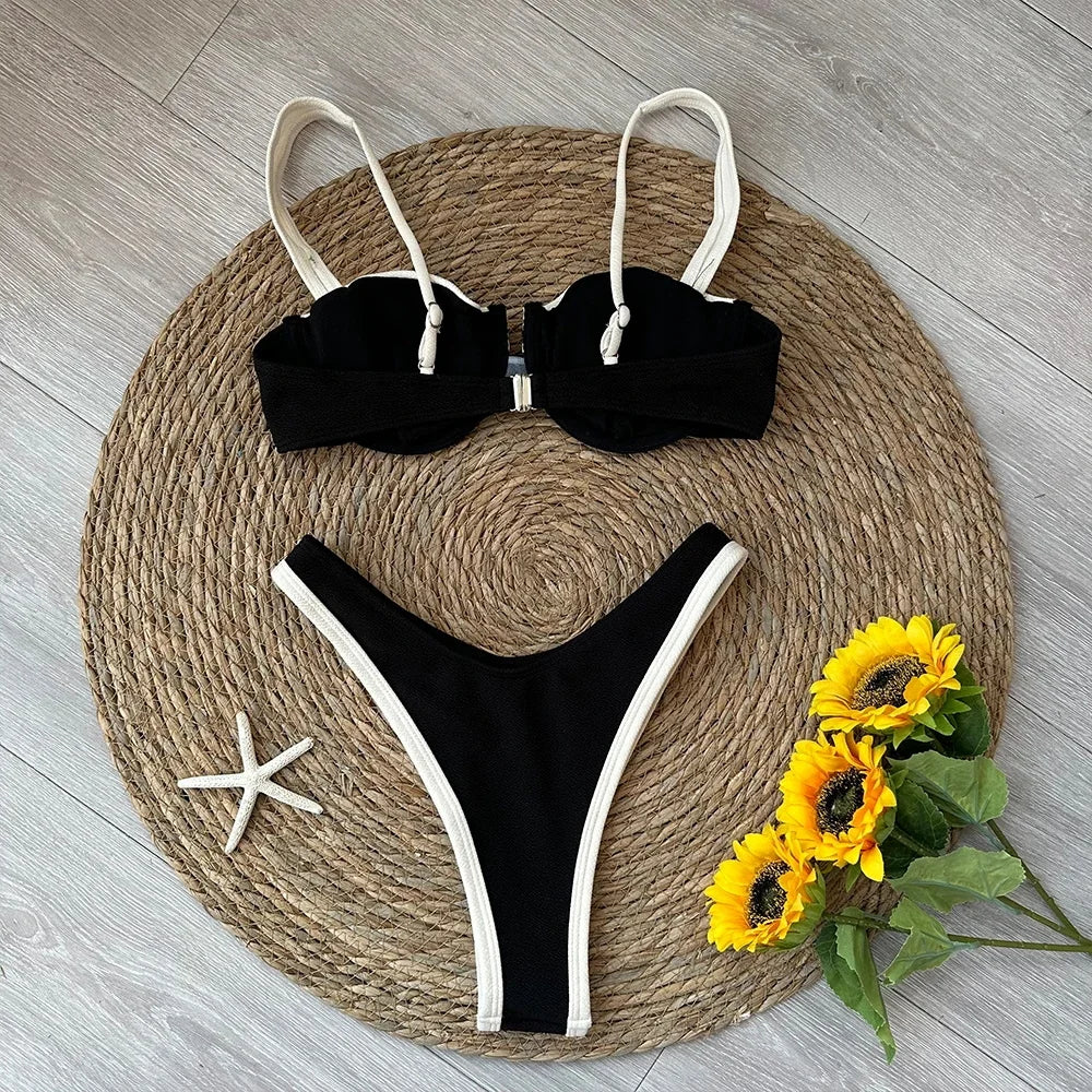 2025 Solid Thong Brazilian Bikinis Swimwear Women Swimsuit  Black White Bikini Set Bathing Suit Female Summer Beach Wear Biquini