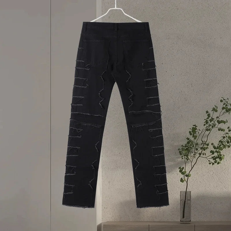 Men Jeans Ripped Vintage Tassel Wash Old Slim Stacked Patch Hip Hop Pencil Denim Man Pants 2026 Streetwear Male Long Trousers