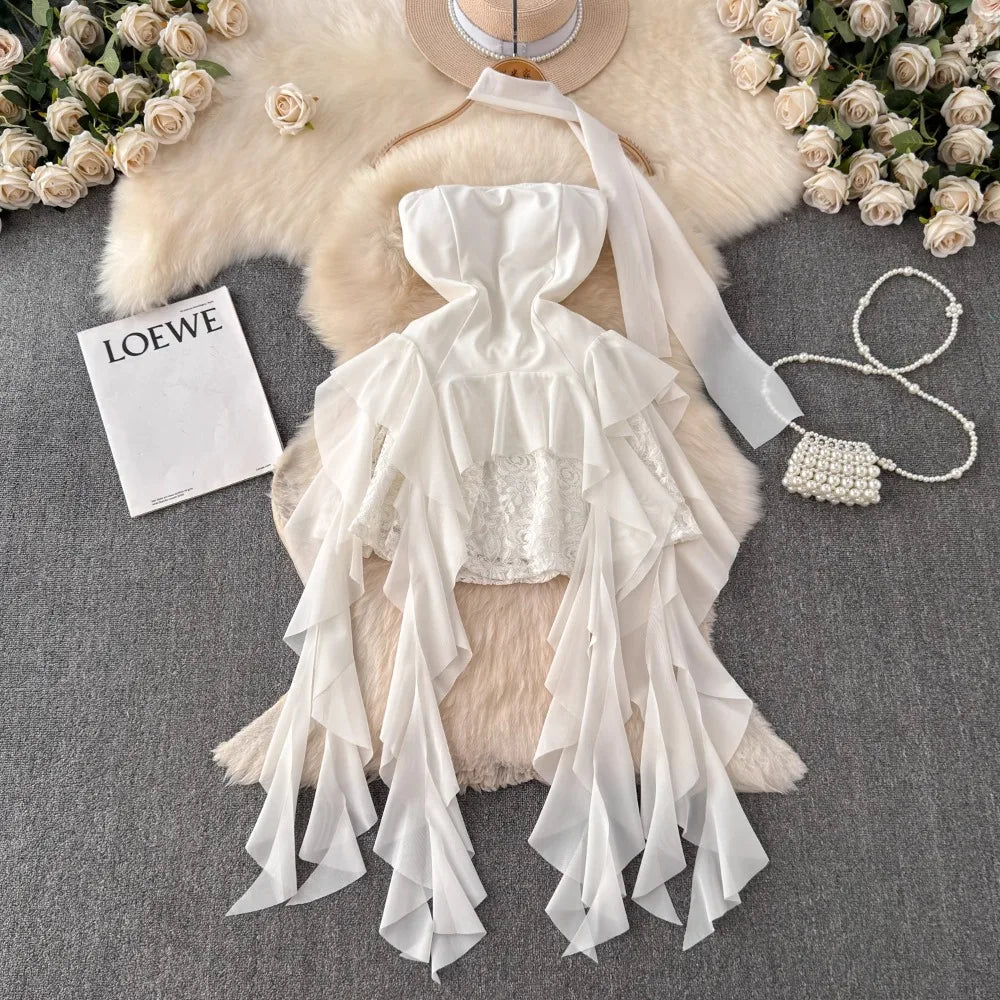 Foamlina French Style White Strapless Dress Women Summer Lace Irregular Flanged Ribbon Design Girl's Holiday Shopping Dresses