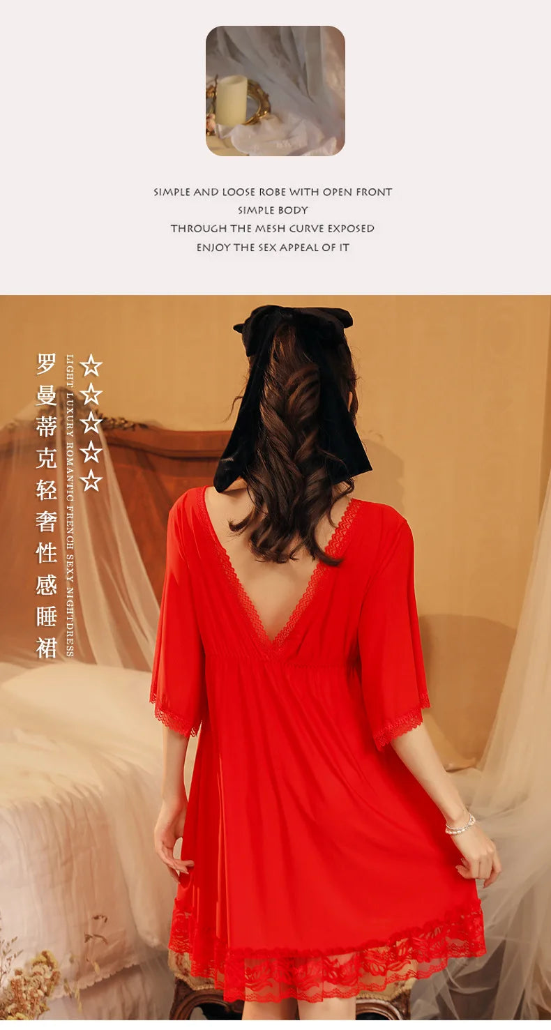 Fdfklak M-3XL Women’s Nightgowns Sexy Lace Deep V Neck Sleepshirt Mesh Short Sleeve Summer Nightdress Female Nightwear Dress