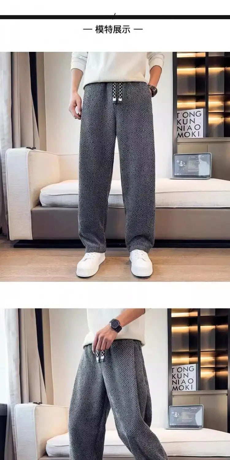 Autumn Winter Loose Men's Sherpa Fabric Straight Pants Man Fashion Thick Pockets Trousers Solid Color Male Clothes