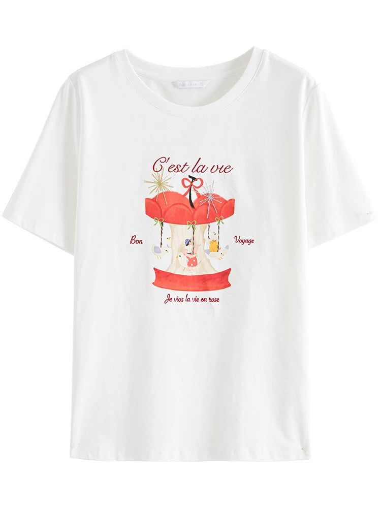 FSLE Summer Versatile Casual Commuting Printed Pattern Women T-Shirt 2024 Summer New Short Sleeve Female Top 24FS12274 24FS12348