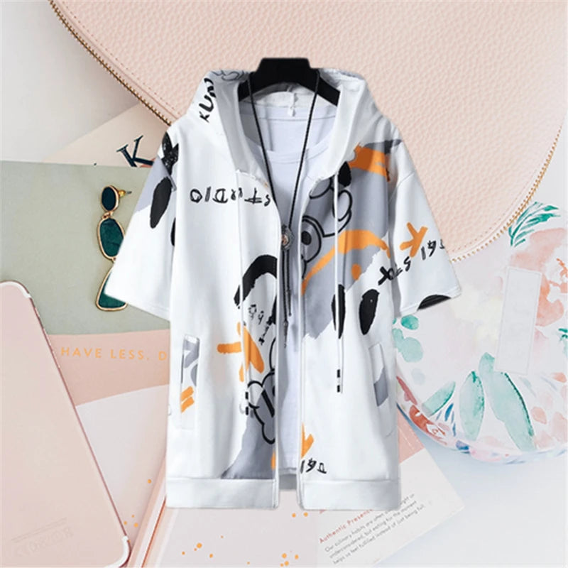 2023 Men's Summer Fashion Cartoon Print Short Sleeve Zipper Sweatshirts Youth Man Y2K Streetwear Casual Pockets Hoodies Jackets