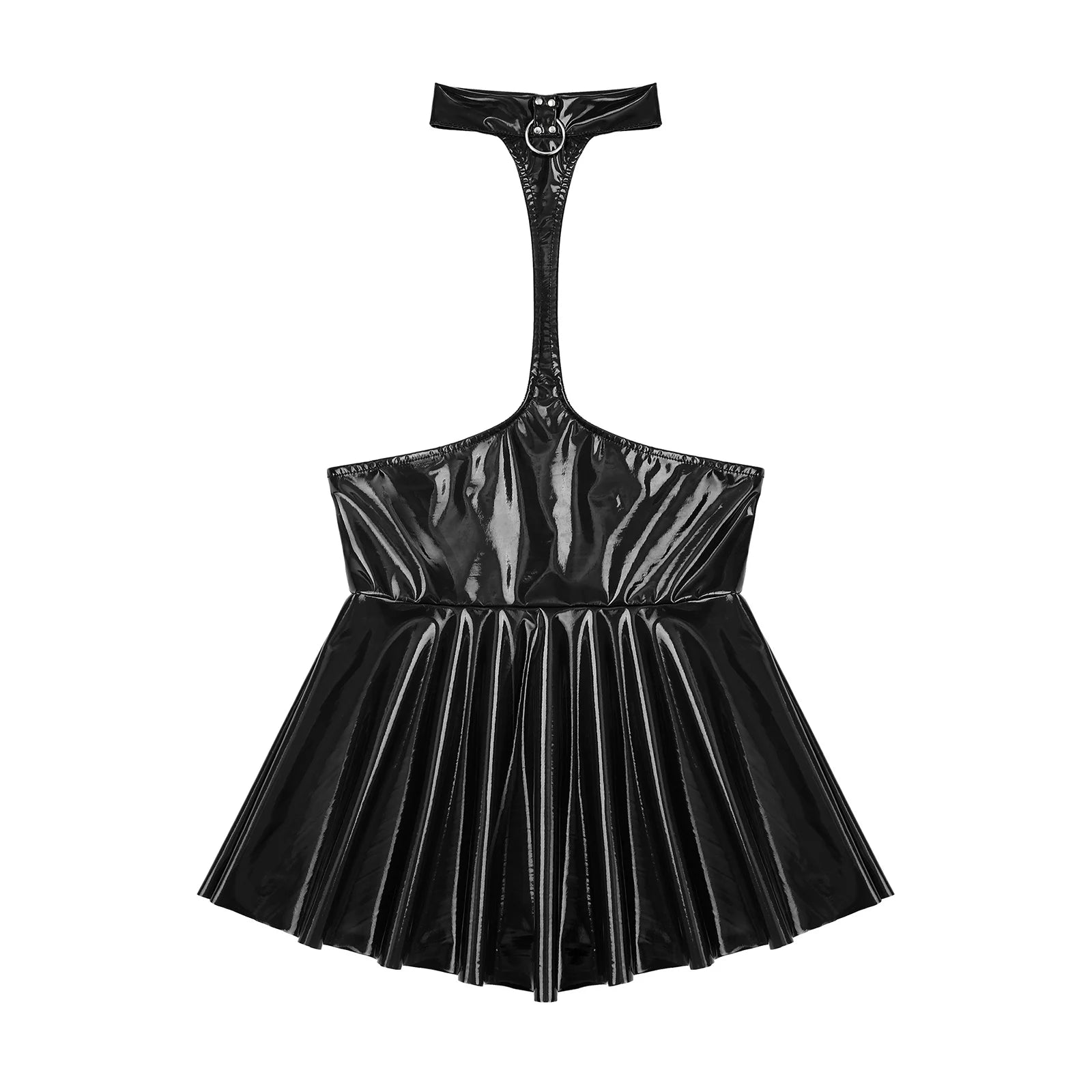 Womens Shiny Metallic Faux Leather Halter Neck Backless A-Line Dress Exposed Breast Mini Night Club Dresses Latex Clubwear