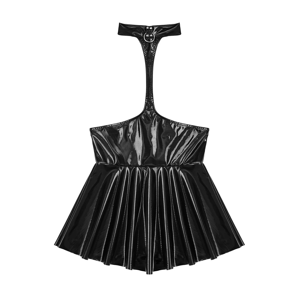 Womens Shiny Metallic Faux Leather Halter Neck Backless A-Line Dress Exposed Breast Mini Night Club Dresses Latex Clubwear