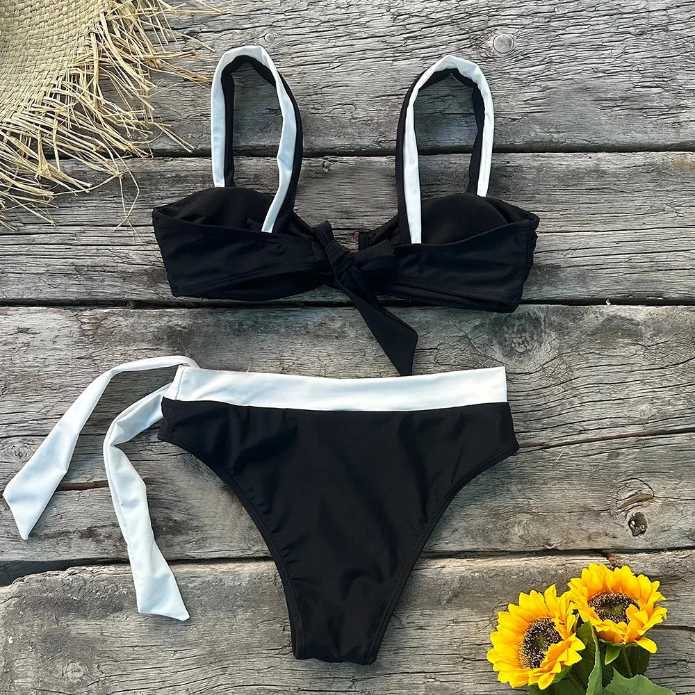 2025 Solid Thong Brazilian Bikinis Swimwear Women Swimsuit  Black White Bikini Set Bathing Suit Female Summer Beach Wear Biquini