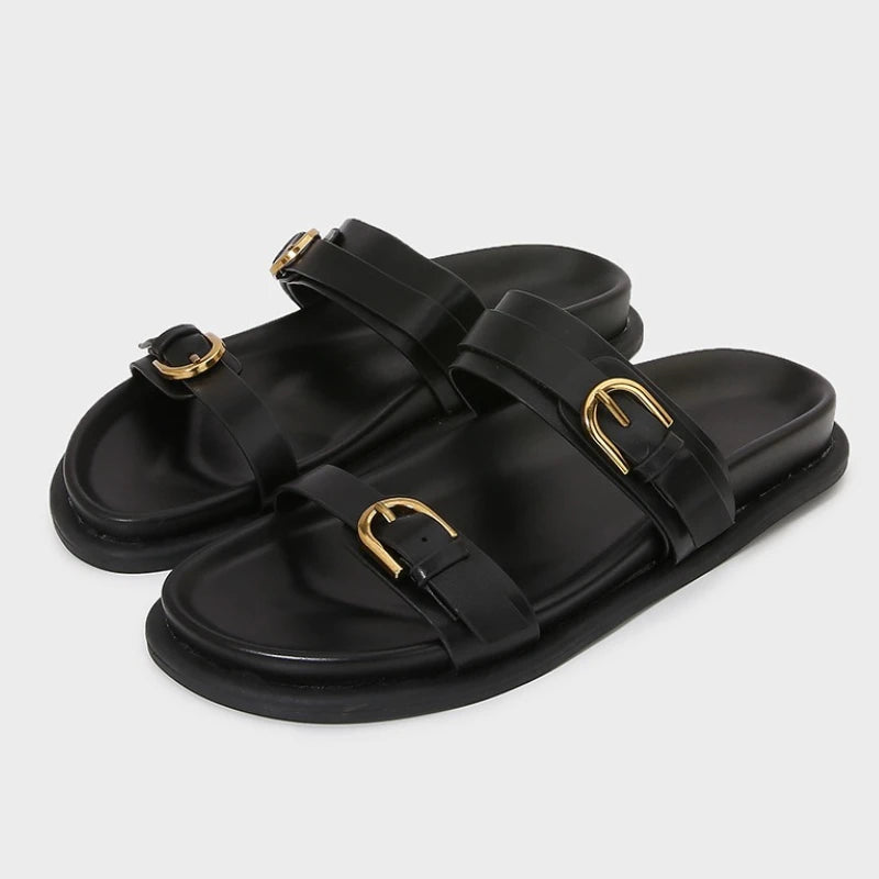Metal Buckle Soft Leather Women Roman Shoes Thick Bottom Women Summer Slippers Leisure Comfort Non-slip Women Beach Flat Sandals