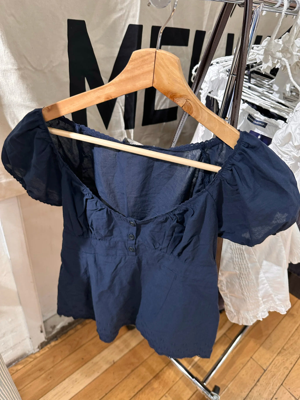 Lace Trim Embroidery Navy T-shirt Women Three Buttons Folds Square Collar Puff Sleeve T-shirt Summer Sweet Casual Vintage Blouse