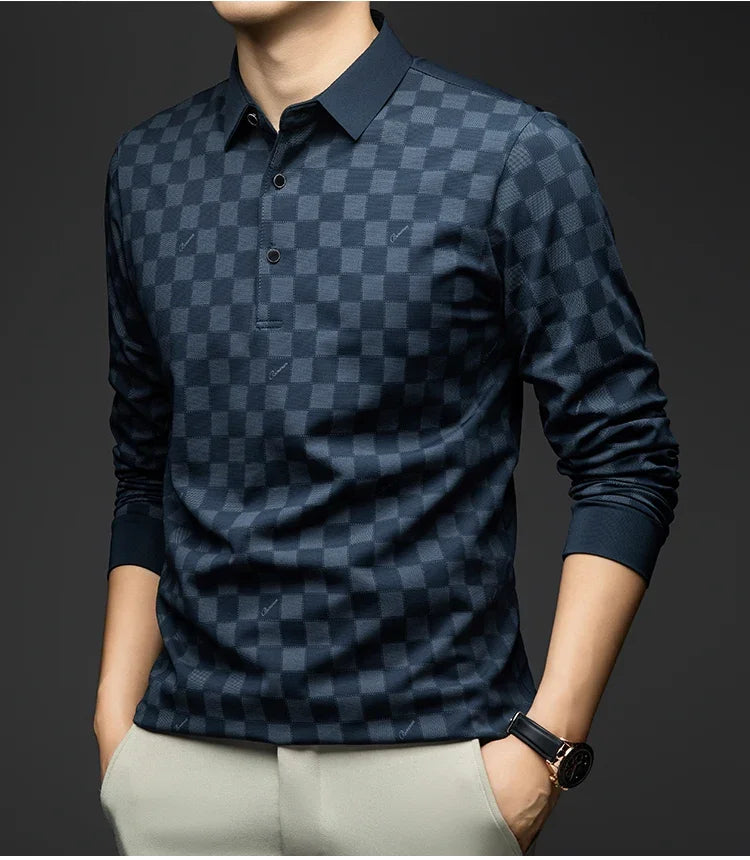 BROWON Polo Shirts for Man Autumn Business Slim Fit Long Sleeve T Shirt Men 2026 New Casual Loose Pullover Plaid Men Tops & Tees