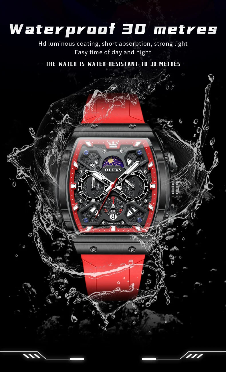 OLEVS 2942 Man Watch Silicone Strap Tonneau Design Dial Multifunction Quartz Watch for Men Moon Phase Calendar Chronograph Watch