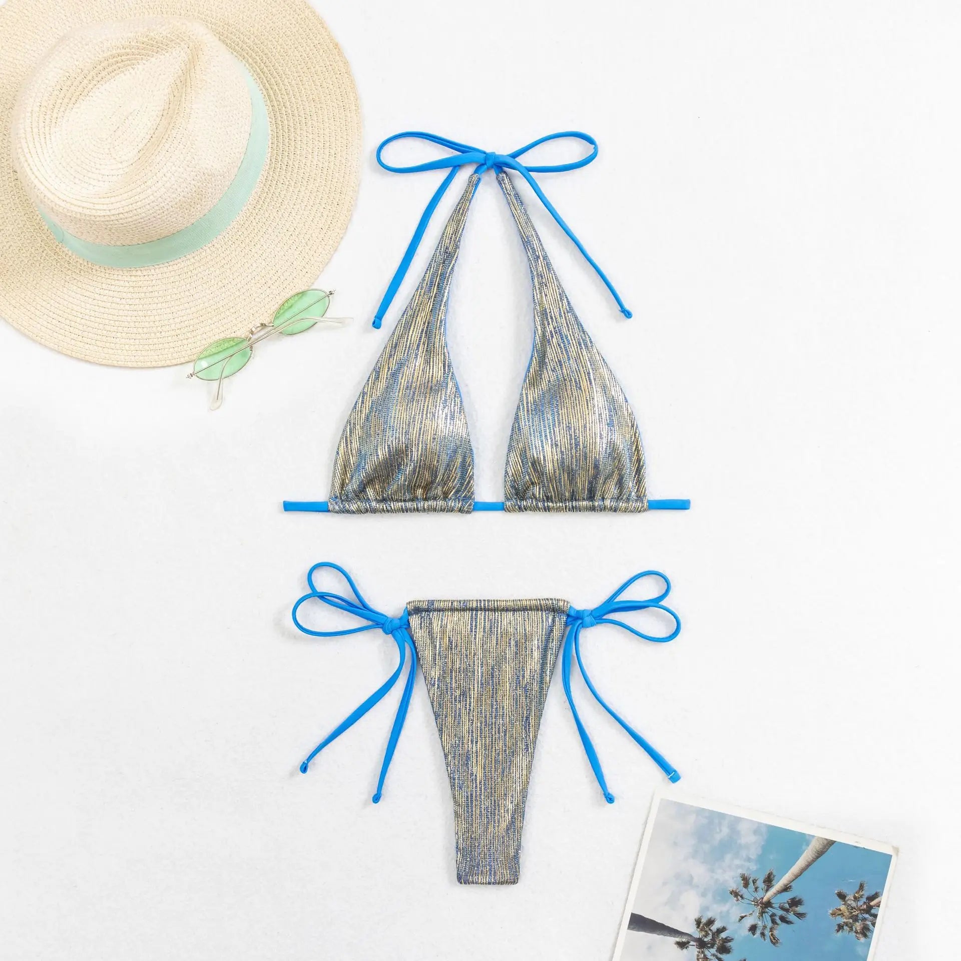 Sexy Golden String Bikini 2024 Women Swimsuit Female Swimwear Thong Halter Bikinis Set Brazilian Beach Bathing Suit Biquini