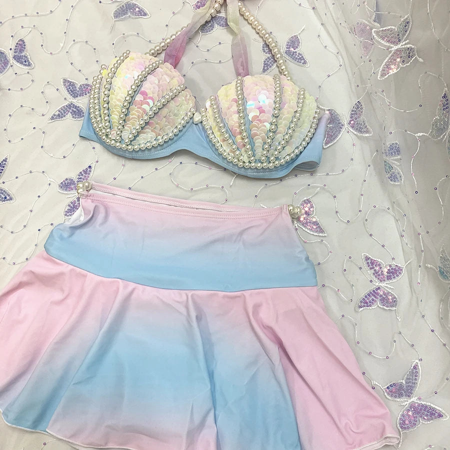 RM Mermaid Sequin Corset Bikini Swimsuit Free Diving Performance Oceanarium Electro Festival Bra Bar Cos Costumes