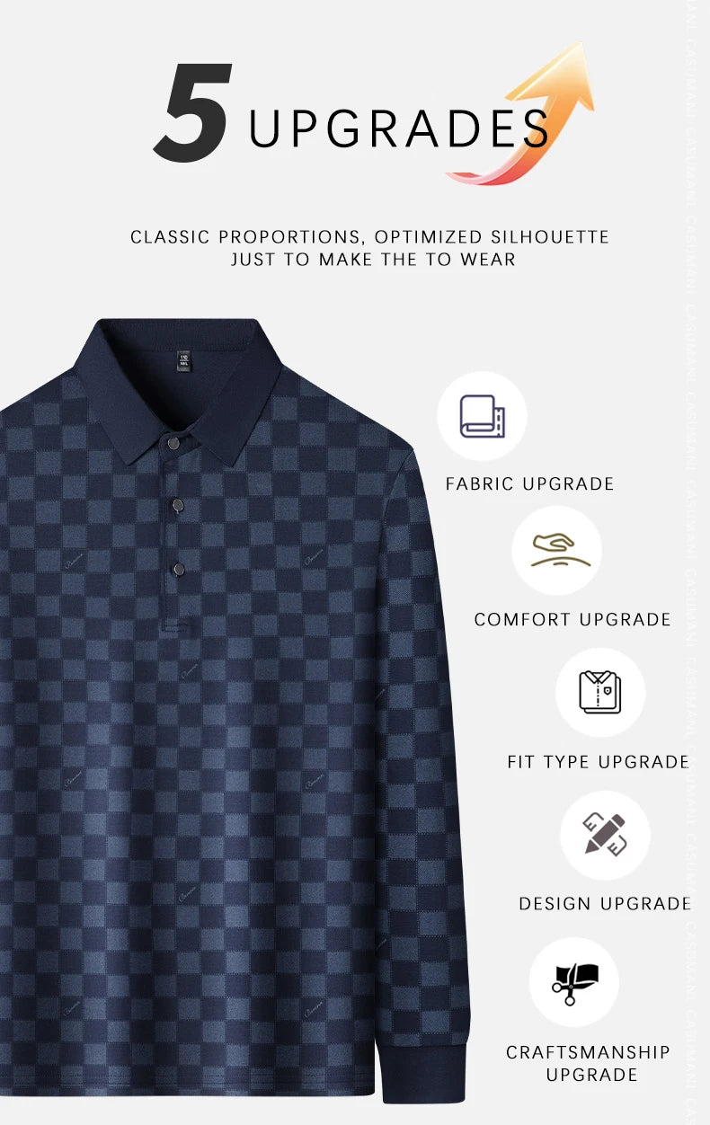 BROWON Polo Shirts for Man Autumn Business Slim Fit Long Sleeve T Shirt Men 2026 New Casual Loose Pullover Plaid Men Tops & Tees