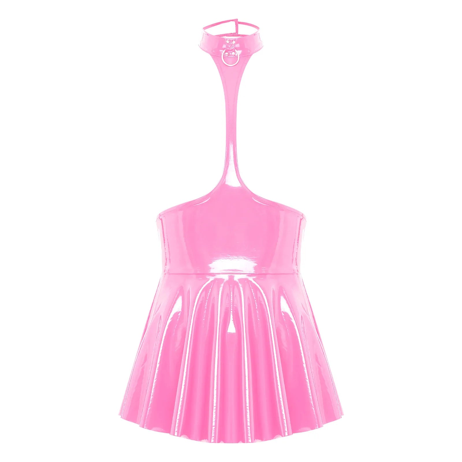 Womens Shiny Metallic Faux Leather Halter Neck Backless A-Line Dress Exposed Breast Mini Night Club Dresses Latex Clubwear